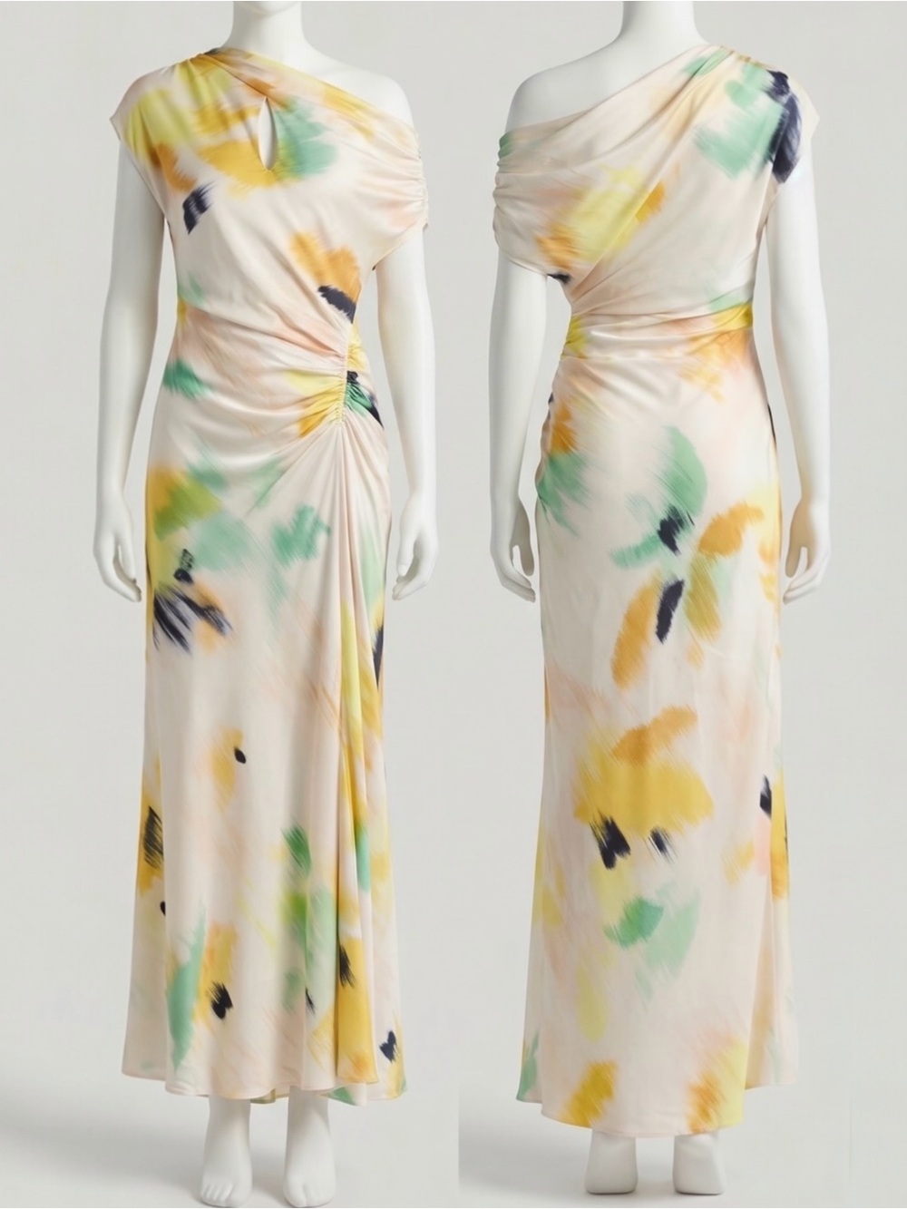 A.L.C. Penny Women’s Yellow Floral Satin Ruched Off-Shoulder Cocktail Maxi Dress - Picture 10 of 13